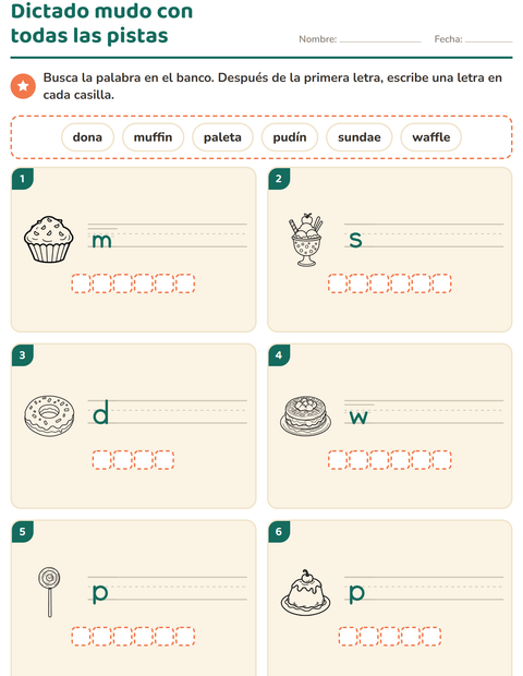 Vista previa de la hoja de Escribir la palabra con Postre (B/N) para grado 1
