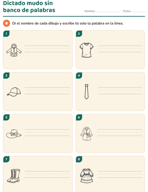 Vista previa de la hoja de Escribir la palabra con Ropa BN para grado 1