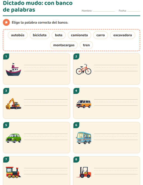 Dictado mudo con banco de palabras: ocho vehículos — primer grado