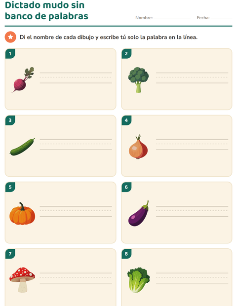 Vista previa de la hoja de Escribir la palabra con Verduras para grado 1