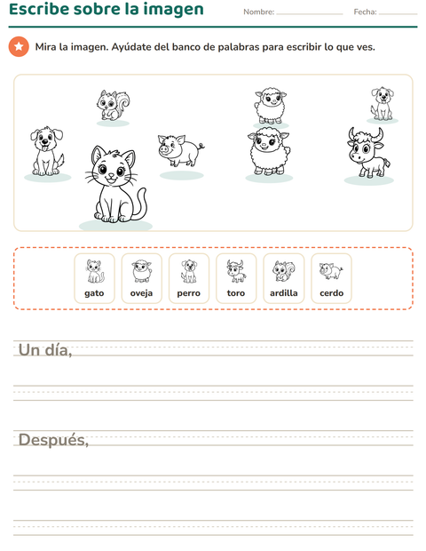 Vista previa de la hoja de Escribir sobre la imagen con Animales BN 2 para grado 2