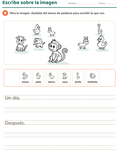 Vista previa de la hoja de Escribir sobre la imagen con Animales BN 3 para grado 2