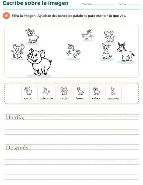 Vista previa de la hoja de Escribir sobre la imagen con Animales BN 4 para grado 2