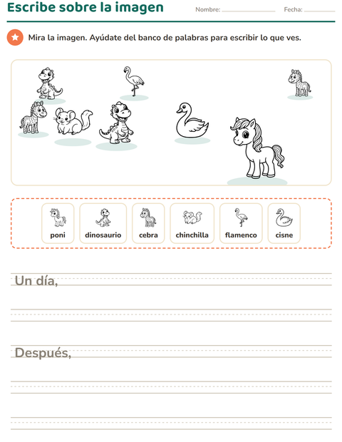 Vista previa de la hoja de Escribir sobre la imagen con Animales BN 5 para grado 2