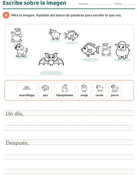 Vista previa de la hoja de Escribir sobre la imagen con Animales BN para grado 2