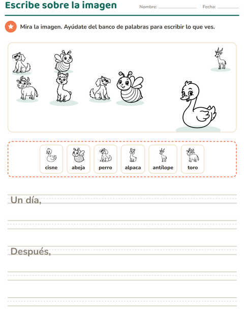 Vista previa de la hoja de Escribir sobre la imagen con Animales de granja BN para grado 2