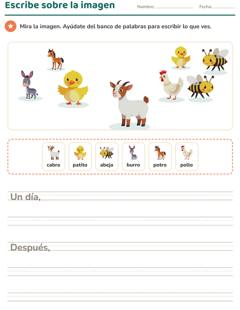 Vista previa de la hoja de Escribir sobre la imagen con Animales de granja para grado 2
