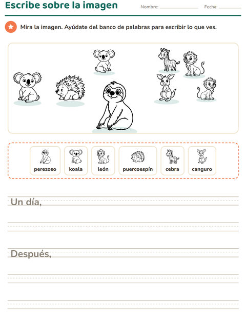 Vista previa de la hoja de Escribir sobre la imagen con Animales del zoológico BN para grado 2