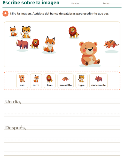 Vista previa de la hoja de Escribir sobre la imagen con Animales del zoológico para grado 2