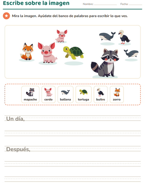Vista previa de la hoja de Escribir sobre la imagen con Animales para grado 2