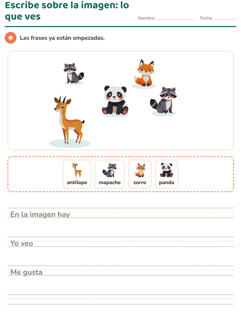 Vista previa de la hoja de Escribir sobre la imagen con Animales para grado 2