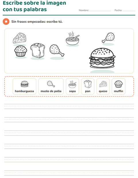 Vista previa de la hoja de Escribir sobre la imagen con Comida BN 2 para grado 2
