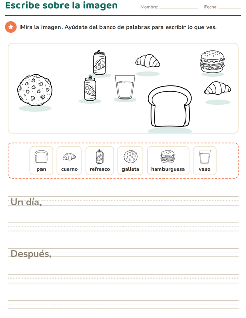 Vista previa de la hoja de Escribir sobre la imagen con Comida BN 3 para grado 2