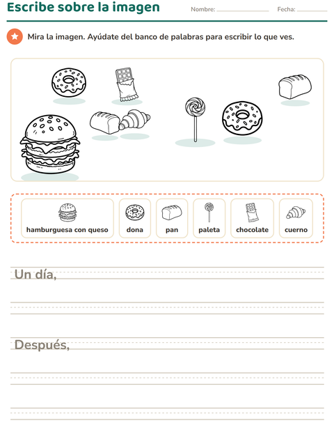 Vista previa de la hoja de Escribir sobre la imagen con Comida BN para grado 2