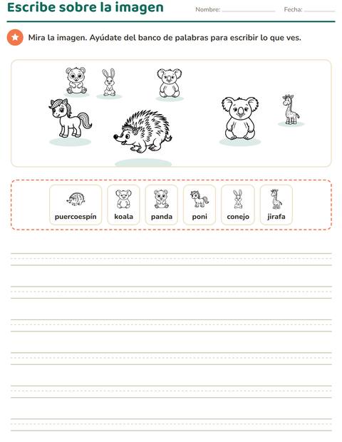 Vista previa de la hoja de Escribir sobre la imagen con Animales BN 2 para grado 2