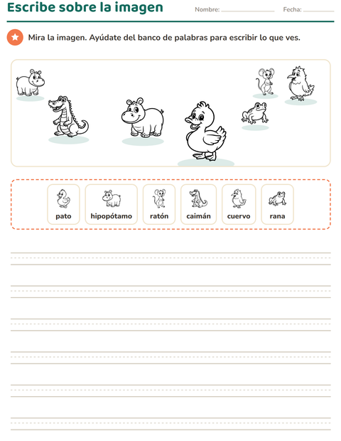 Vista previa de la hoja de Escribir sobre la imagen con Animales BN 3 para grado 2