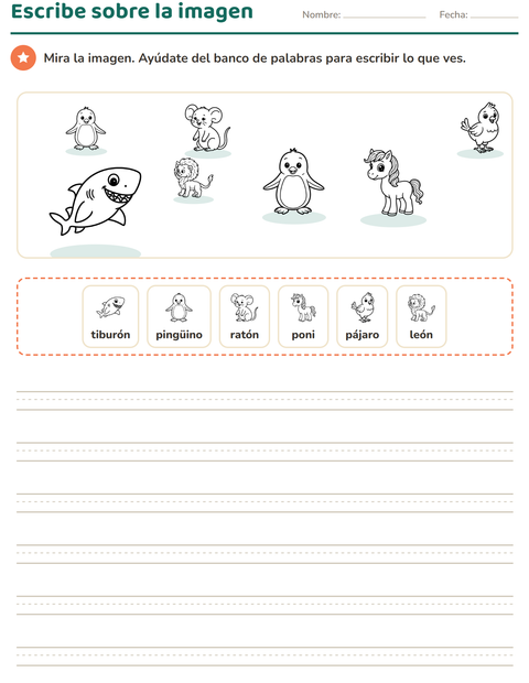 Vista previa de la hoja de Escribir sobre la imagen con Animales BN 5 para grado 2