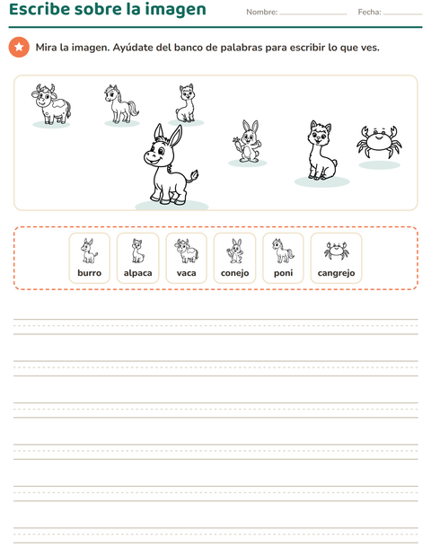 Vista previa de la hoja de Escribir sobre la imagen con Animales de granja BN para grado 2