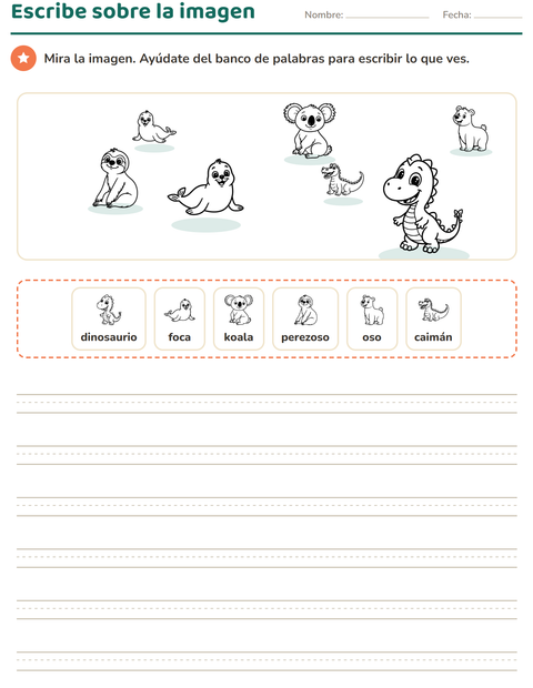 Vista previa de la hoja de Escribir sobre la imagen con Animales del zoológico BN para grado 2