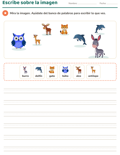 Vista previa de la hoja de Escribir sobre la imagen con Animales para grado 2