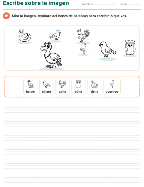 Vista previa de la hoja de Escribir sobre la imagen con Aves ByN 2 para grado 2