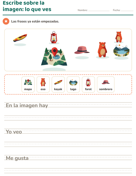 Vista previa de la hoja de Escribir sobre la imagen con Campamento para grado 2