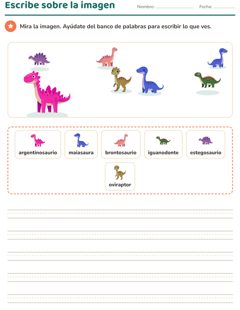 Vista previa de la hoja de Escribir sobre la imagen con Dinosaurios para grado 2