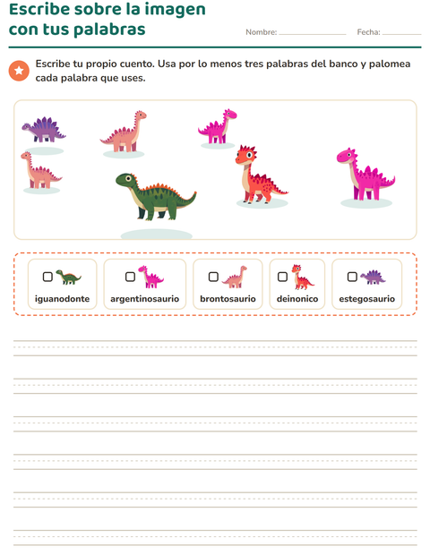 Vista previa de la hoja de Escribir sobre la imagen con Dinosaurios para grado 2