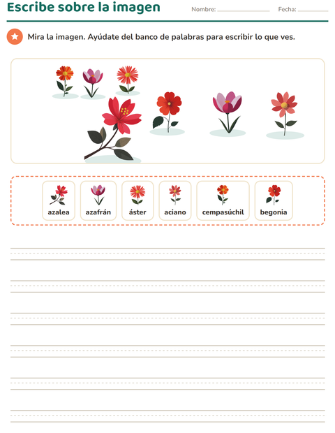 Vista previa de la hoja de Escribir sobre la imagen con Flores para grado 2