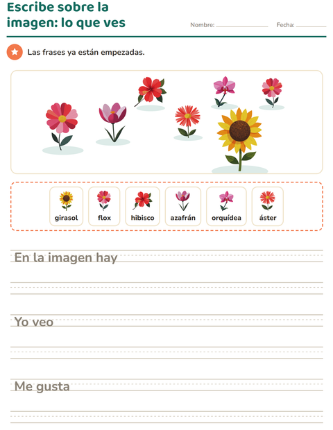 Vista previa de la hoja de Escribir sobre la imagen con Flores para grado 2