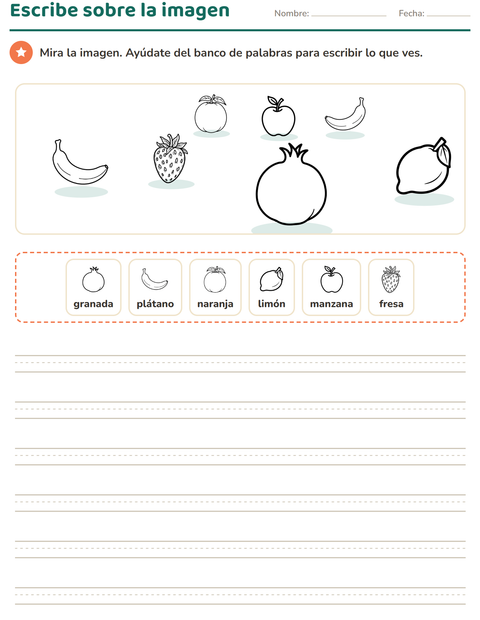 Vista previa de la hoja de Escribir sobre la imagen con Frutas BN para grado 2