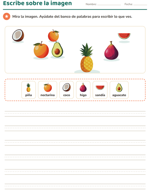 Vista previa de la hoja de Escribir sobre la imagen con Frutas para grado 2