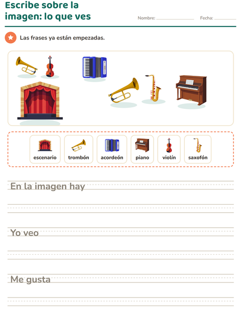 Vista previa de la hoja de Escribir sobre la imagen con Música para grado 2