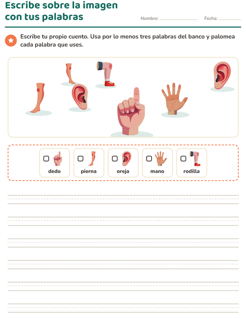Vista previa de la hoja de Escribir sobre la imagen con Partes del cuerpo para grado 2