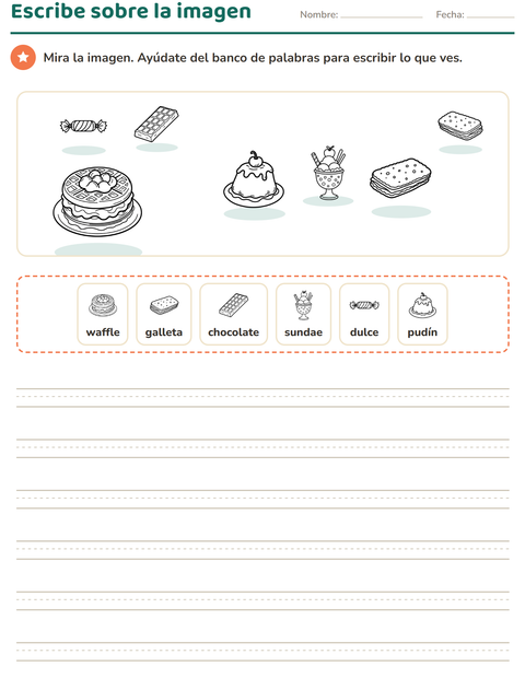 Vista previa de la hoja de Escribir sobre la imagen con Postre (B/N) para grado 2
