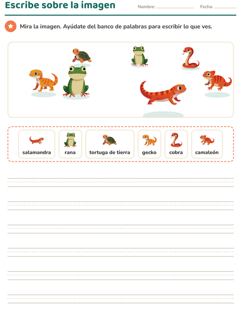 Vista previa de la hoja de Escribir sobre la imagen con Reptiles y anfibios para grado 2