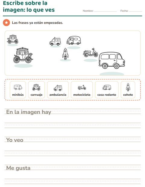 Vista previa de la hoja de Escribir sobre la imagen con Vehículos BN 3 para grado 2