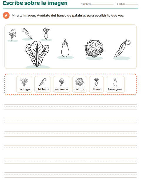 Vista previa de la hoja de Escribir sobre la imagen con Verduras BN 2 para grado 2