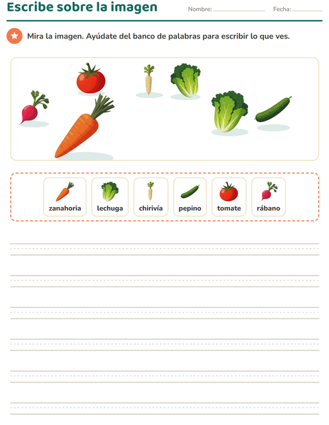 Vista previa de la hoja de Escribir sobre la imagen con Verduras para grado 2