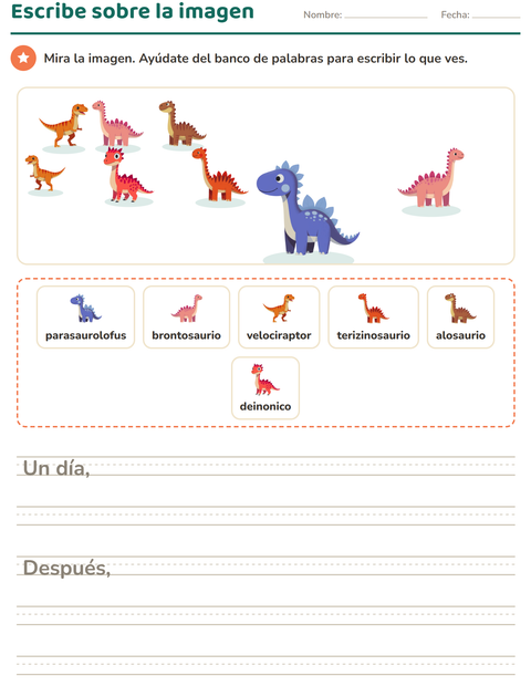 Vista previa de la hoja de Escribir sobre la imagen con Dinosaurios para grado 2