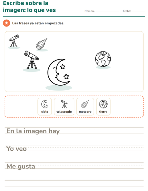 Vista previa de la hoja de Escribir sobre la imagen con Espacio BN para grado 2
