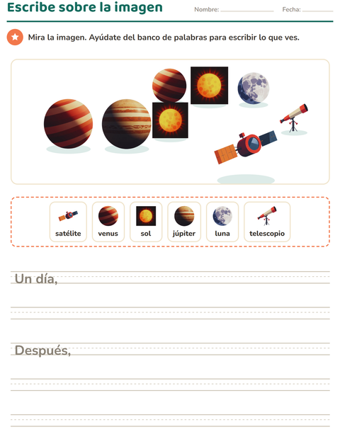 Vista previa de la hoja de Escribir sobre la imagen con Espacio para grado 2
