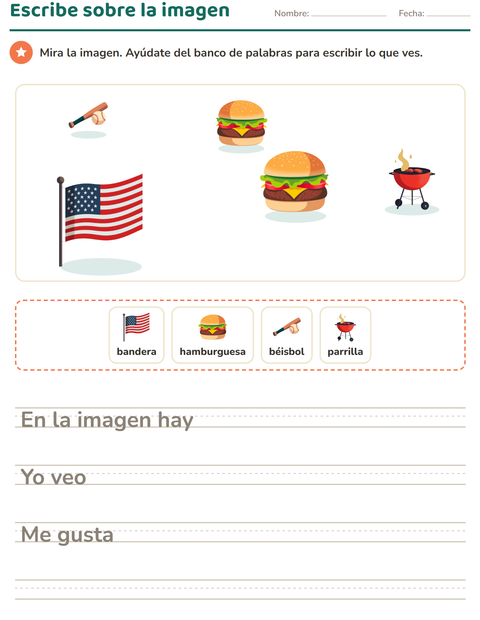 Vista previa de la hoja de Escribir sobre la imagen con 4 de Julio para grado 2