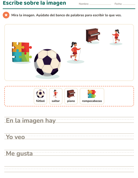 Vista previa de la hoja de Escribir sobre la imagen con Actividades para grado 2