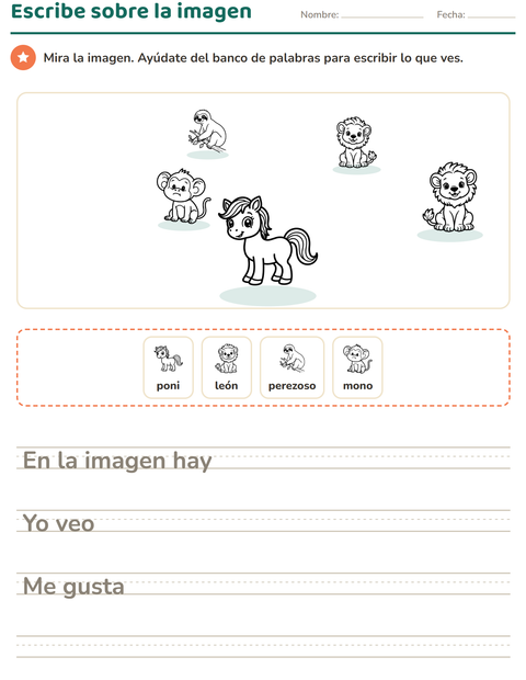 Vista previa de la hoja de Escribir sobre la imagen con Animales BN 2 para grado 2