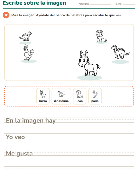 Vista previa de la hoja de Escribir sobre la imagen con Animales BN 3 para grado 2