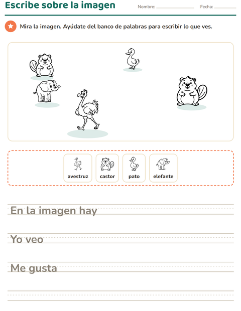 Vista previa de la hoja de Escribir sobre la imagen con Animales BN 4 para grado 2