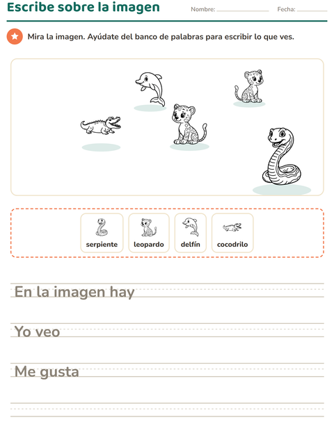 Vista previa de la hoja de Escribir sobre la imagen con Animales BN 5 para grado 2