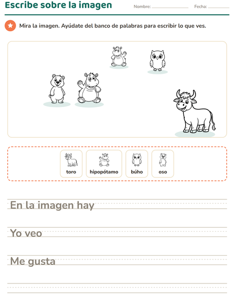 Vista previa de la hoja de Escribir sobre la imagen con Animales BN para grado 2