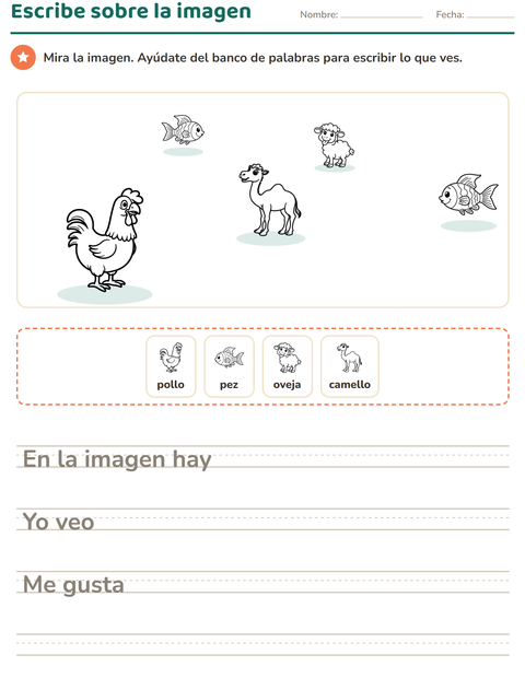 Vista previa de la hoja de Escribir sobre la imagen con Animales de granja BN para grado 2